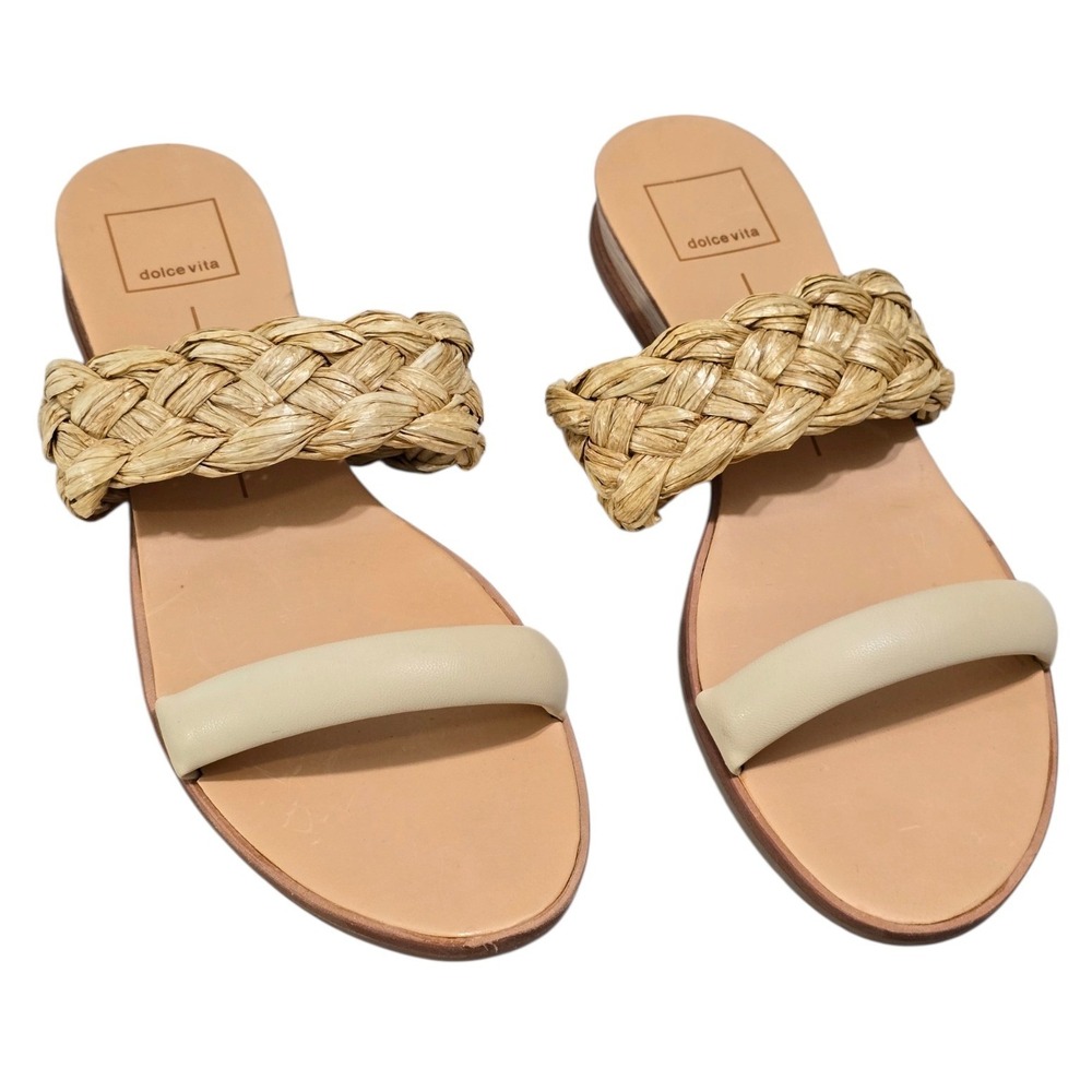 Dolce Vita Womens Sz 8 Braided Raffia Slide Sandals Cream Tan Flat Summer Shoes